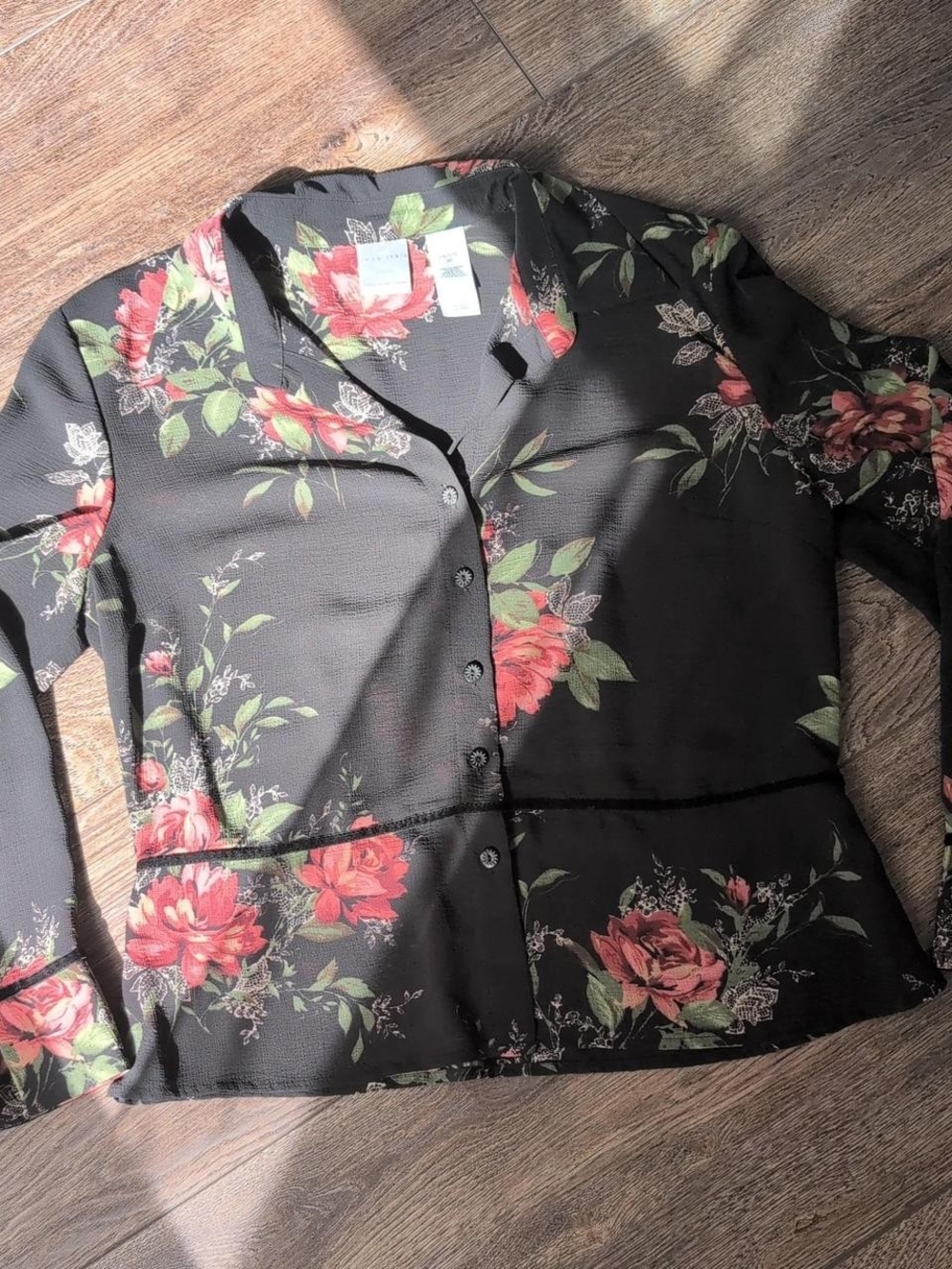 Emma James Black Button-Front Blouse with Red Floral Print